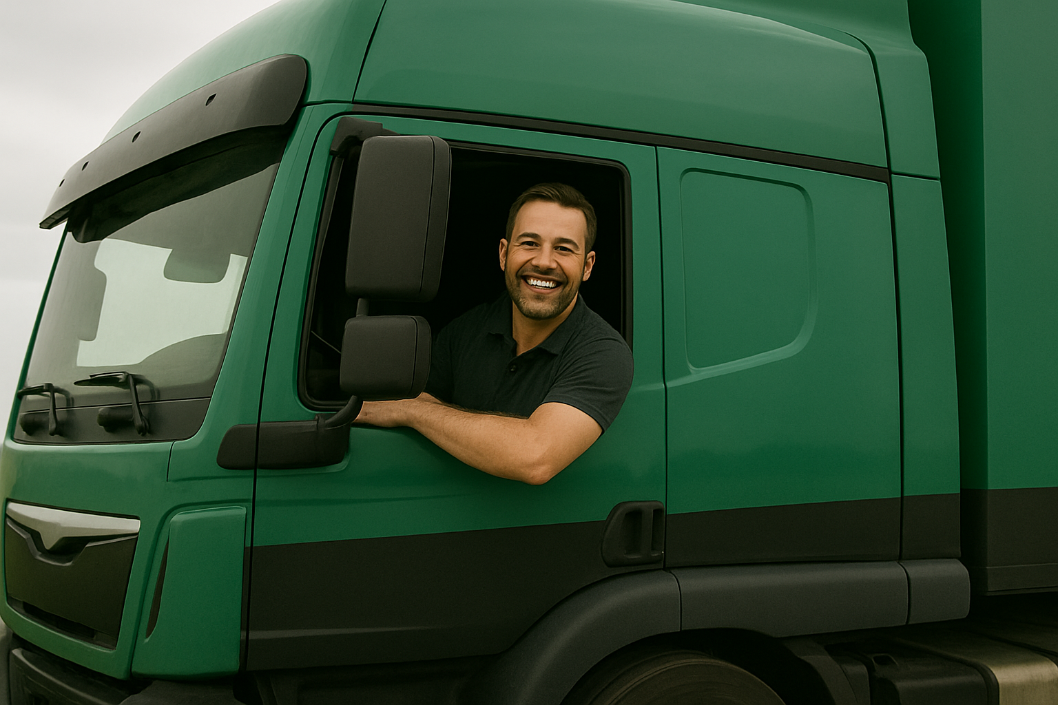 Photo d'un camion avec un chauffeur routier heureux